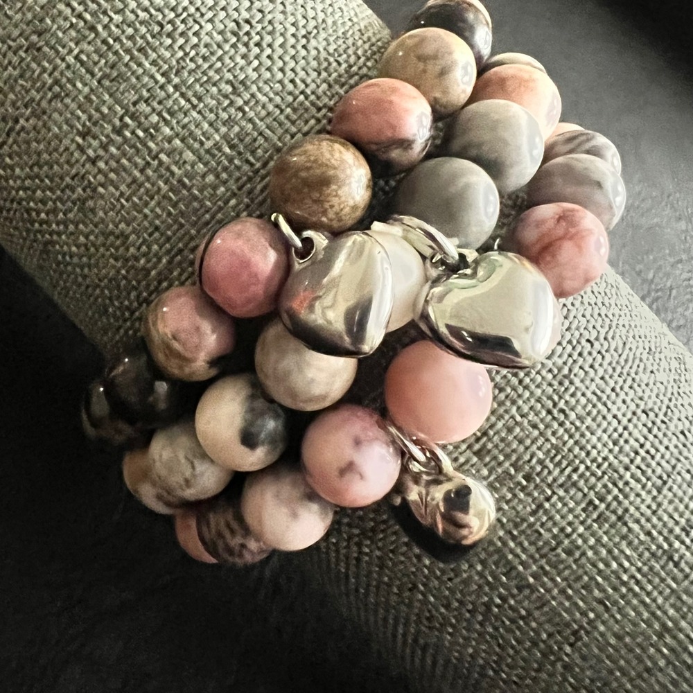 Pink Grey Natural Stone Beaded Heart Charm Stretch Bracelet Set 3 Cottagecore
